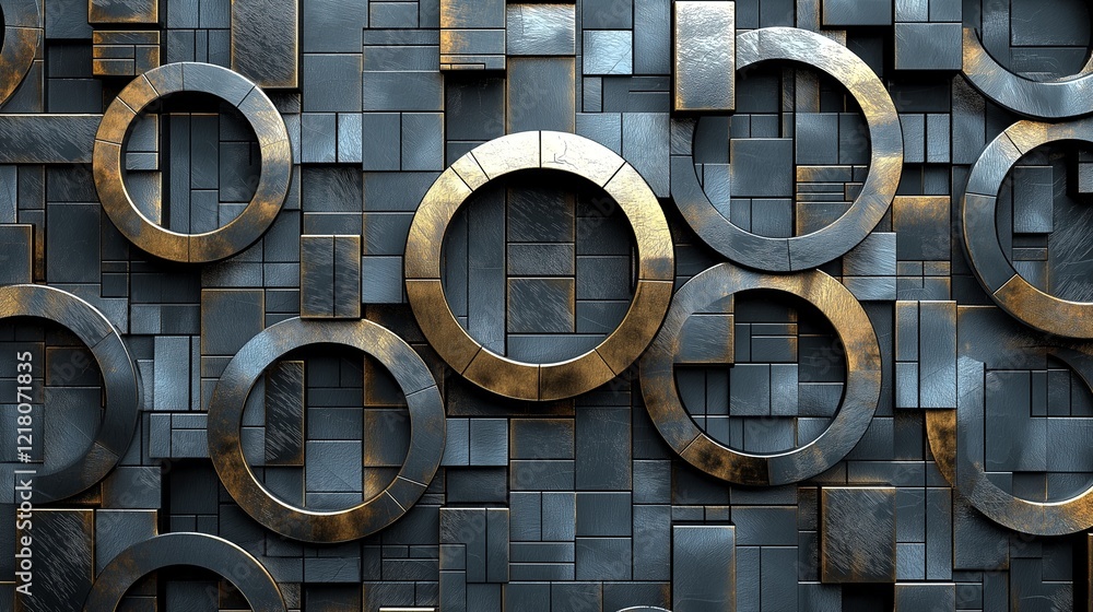 Poster complex 3d pattern of interwoven circular and square elements with metallic and glass-like textures.