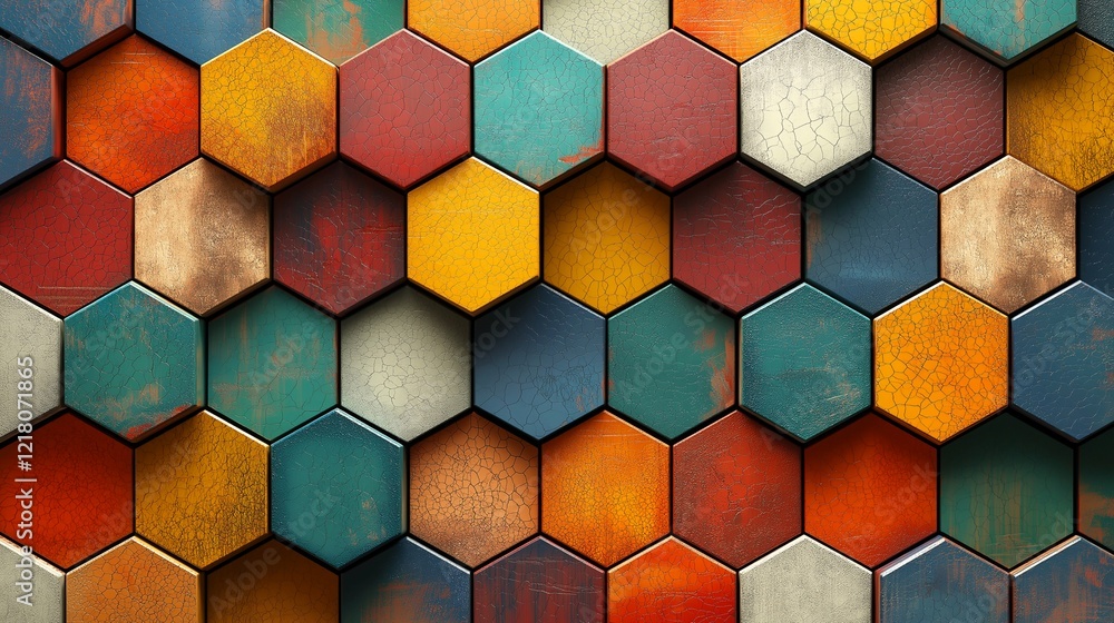 Poster dynamic 3d tessellation of overlapping hexagons, with bold color transitions and subtle reflections.