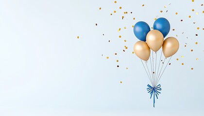 Fototapeta premium Colorful balloons in blue, gold, and white, celebrating a festive occasion with confetti