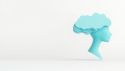 A stylized profile of a blue human head with layered cloud-like hair against a minimalist white background