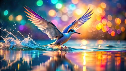 Fototapeta premium Surreal Skimmer Bird Photography: Dreamlike Water Surface, Abstract Feathers, Ethereal Light