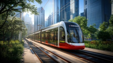 Naklejka premium High-resolution view of an electric train speeding through an urban environment, showcasing the blend of modern technology and cityscape.