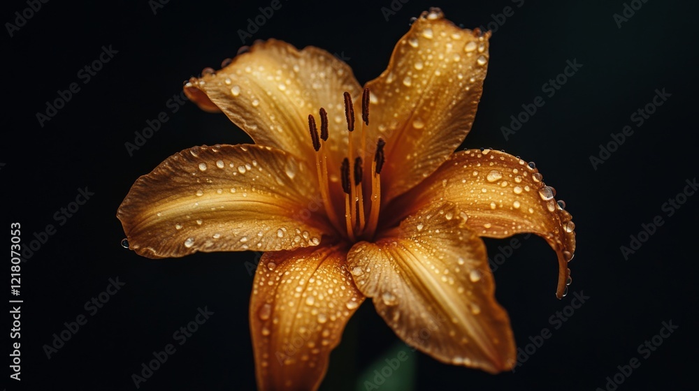 Poster High-resolution view of a flower with dew drops on its petals, featuring a soft focus on the droplets to emphasize their sparkling and fresh appearance.