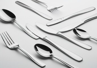 A close up of a variety of silverware including knives, forks, and spoons AI Generated