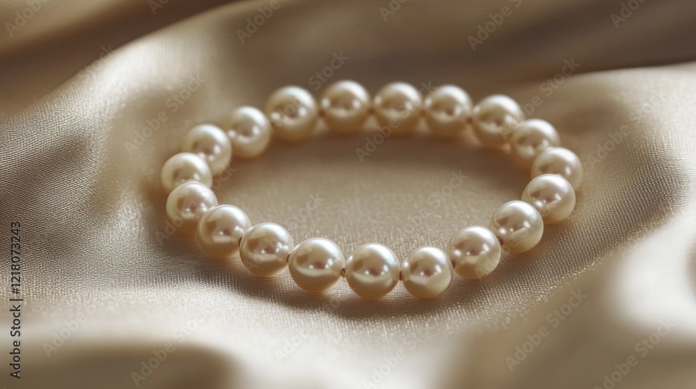 Poster macro shot of a pearl bracelet resting on a silk fabric, focusing on the soft shimmer and perfect ro
