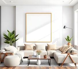 Fototapeta premium Mockup frame poster Galery in living room, Modern Style, interior background, Wall Mockup Frame Poster Galery furniture white