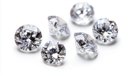 Multiple diamonds of various sizes scattered elegantly on a white background, with each gem catching and reflecting light in a dazzling display.
