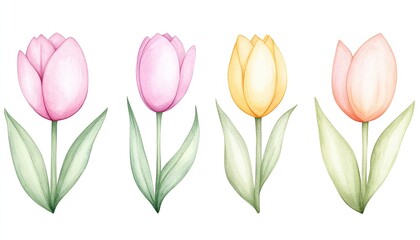 A vibrant collection of watercolor tulips in various colors, showcasing natural beauty and elegance