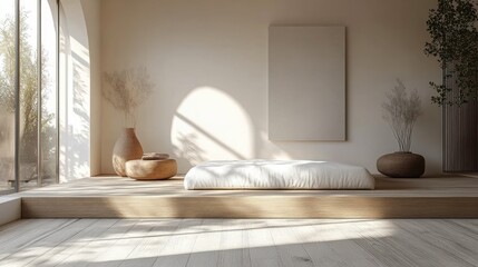 Minimalist room with platform bed, vases, and blank canvas.