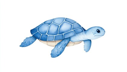 Blue watercolor illustration of a sea turtle swimming gracefully in a serene ocean environment