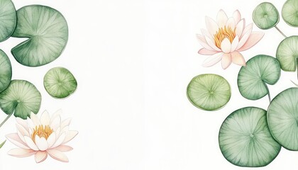 Serene water lily scene with delicate flowers and leaves on a soft, white background