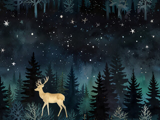 A commercial illustration of a deer in a nighttime forest scene.