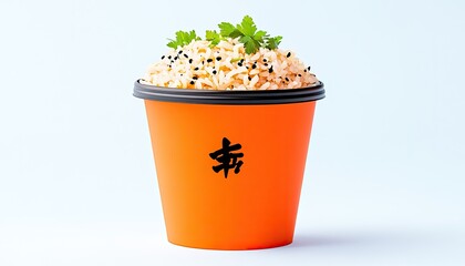 Vibrant orange takeout container filled with fluffy rice garnished with herbs on a clean background