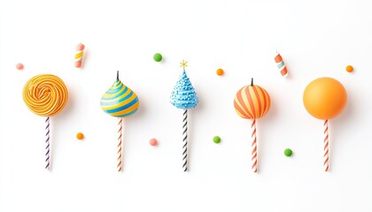 Colorful assortment of decorative cake pops arranged on a white background for festive celebrations