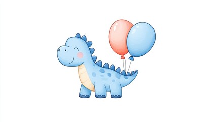 Cute blue dinosaur holding red and blue balloons, smiling happily in a simple white background