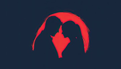 Silhouetted couple embracing under a vibrant red moon, symbolizing love and connection