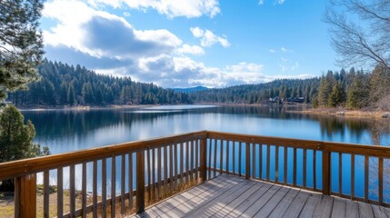 Naklejka premium A serene mountain lake reflects the sky and trees, offering a peaceful retreat from the wooden deck overlooking the water