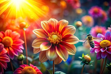 Fototapeta premium Vibrant Blooming Flowers: Sunlit Petals, Honeybee, Garden Flora