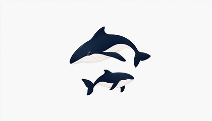 Two stylized whales swimming gracefully against a minimalist white background, showcasing marine life