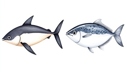 Fototapeta premium Two detailed illustrations of fish species swimming side by side in a clean, white background