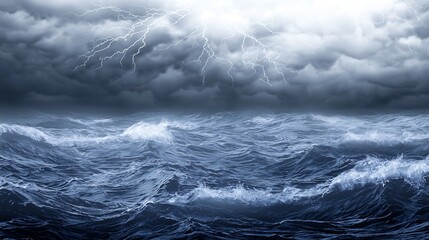 Fototapeta premium A stormy sea with dark clouds and bright lightning strikes over restless waves creating a dramatic scene