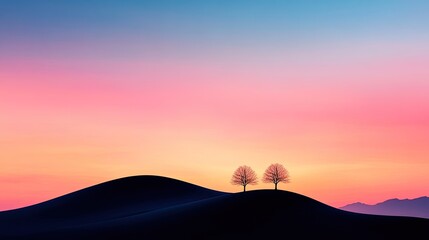 Serene sunset landscape featuring two silhouetted trees on gentle hills under a colorful sky