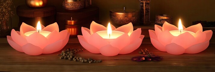 Pink lotus candles lit on wooden surface, zen background