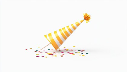 Colorful party hat with confetti scattered on a white background, perfect for celebrations