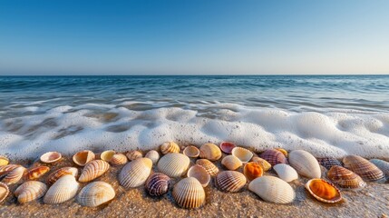 Seascape and waves dynamic, A serene beach scene featuring colorful seashells scattered along the shoreline with gentle waves lapping at the sand under a clear blue sky.