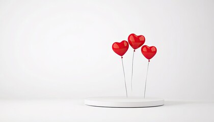 Three glossy red heart-shaped balloons floating above a minimalistic white platform in a bright studio