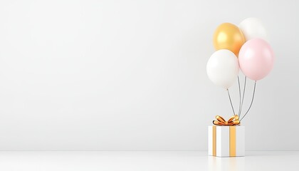Colorful balloons tied to a gift box on a minimalist background, perfect for celebrations or events