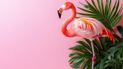 Fototapeten Pink flamingo tropical leaves pink background summer vacation © siti