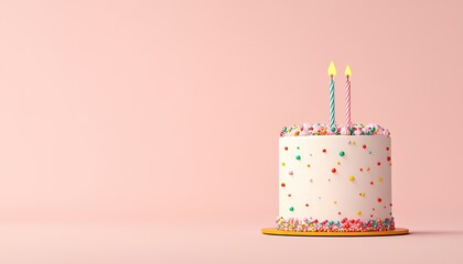 A colorful birthday cake with candles on a pastel pink background, celebrating a joyful occasion