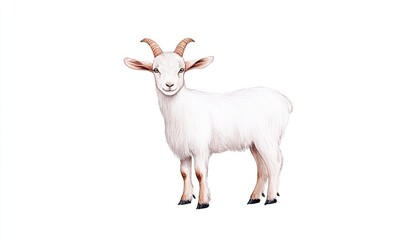 Obraz premium A charming white goat stands confidently, showcasing its fluffy coat and curved horns