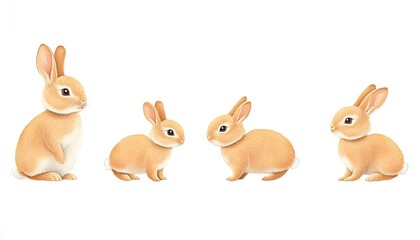 Four adorable rabbits of varying sizes, showcasing their playful nature in a whimsical setting