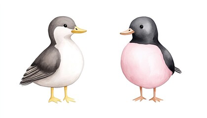 Fototapeta premium Two colorful cartoon birds standing side by side on a white background, showcasing their unique features and colors