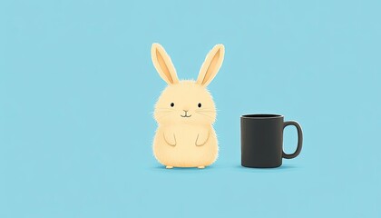 Cute yellow rabbit character next to a black coffee mug on a light blue background