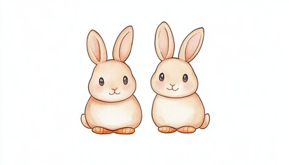 Obraz premium Two adorable cartoon rabbits sitting side by side against a plain white background, ideal for children's illustrations