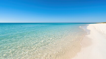 Seascape and waves dynamic, A serene beach scene featuring clear blue waters, gentle waves, and a pristine sandy shoreline under a bright sky.