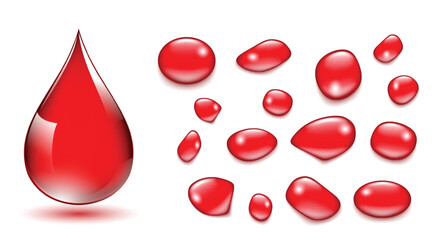 Obraz premium Set illustration of large red droplet accompanied by smaller, shiny red droplets. The design features vibrant colors, glossy highlights, and realistic gradients, making it ideal for