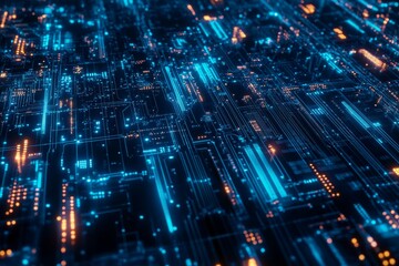 Abstract digital circuit board with glowing blue and orange lines.
