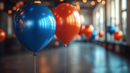 Blue and orange balloons in a loft.