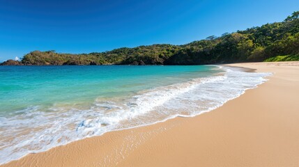 Obraz premium Seascape and waves dynamic, A serene beach scene with clear turquoise waters, gentle waves, and golden sand under a bright blue sky, surrounded by lush greenery.