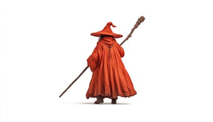 A whimsical wizard in an orange cloak and pointed hat stands with a staff, set against a plain background