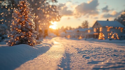 Obraz premium Snowy Christmas Tree Lights Sunset Winter Scene