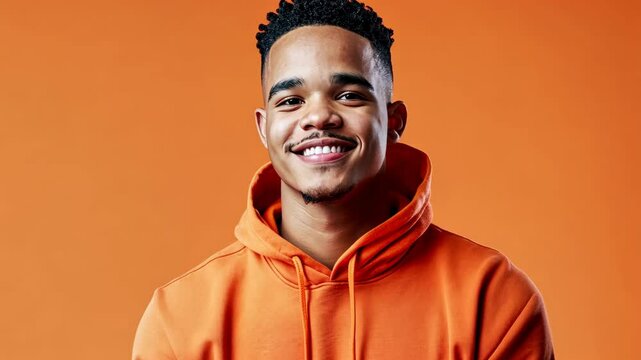 Young man smiling in an orange hoodie against a vibrant orange background