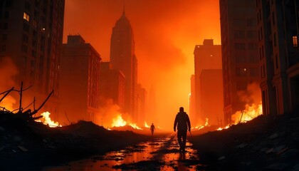 Fototapeta premium Post-Apocalyptic Cityscape: A Lone Figure Amidst Inferno