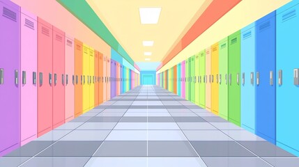 Cartoon-Style School Hallway With Colorful Lockers And A Clean, Tiled Floor