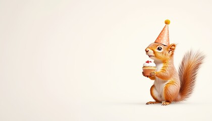 A cheerful squirrel wearing a party hat holds an ice cream cup in a minimalist setting