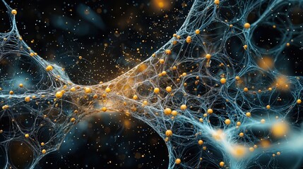 A captivating view of interconnected cellular structures showcasing a vibrant network filled with golden spheres, symbolizing energetic interactions in a mesmerizing dark background.